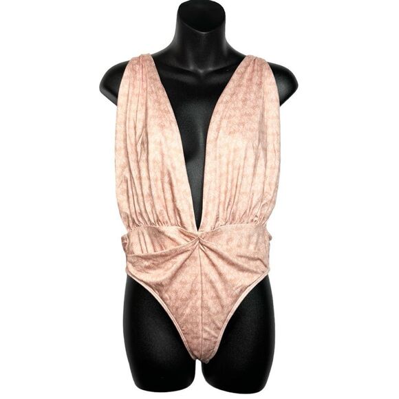 NEW Free People HAH peachy geometric print open back ruched swimsuit size large - Picture 1 of 8